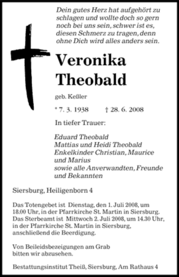 Traueranzeigen Von Veronika Theobald Saarbruecker Zeitung Trauer De