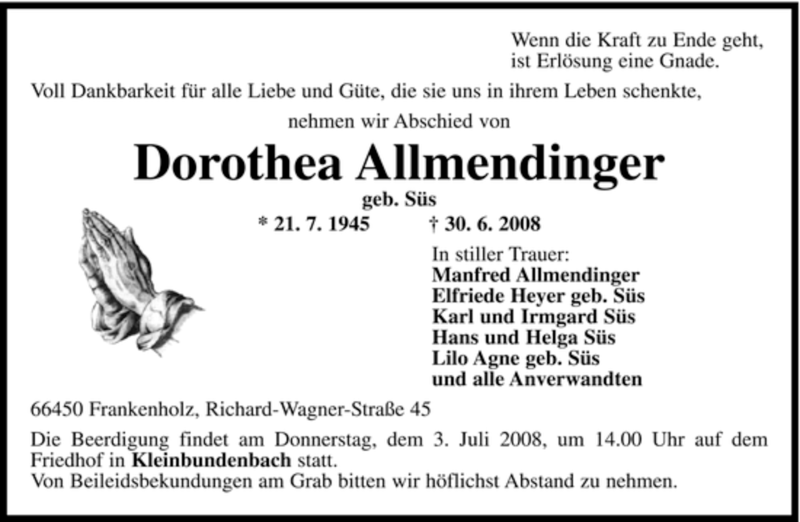 Traueranzeigen Von Dorothea Allmendinger Saarbruecker Zeitung Trauer De