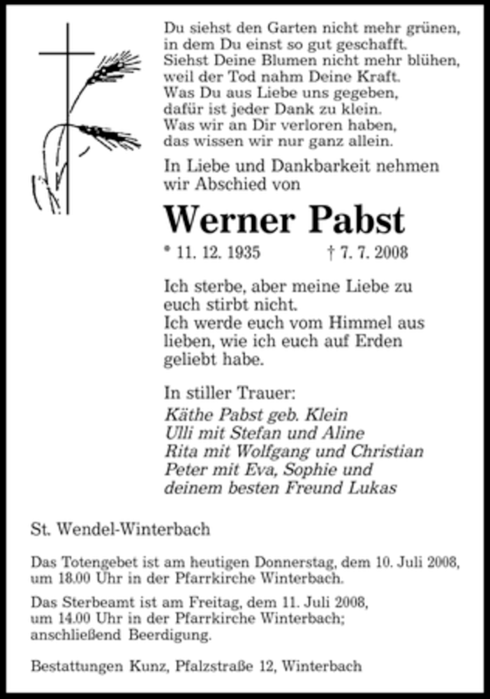 Traueranzeigen Von Werner Pabst Saarbruecker Zeitung Trauer De