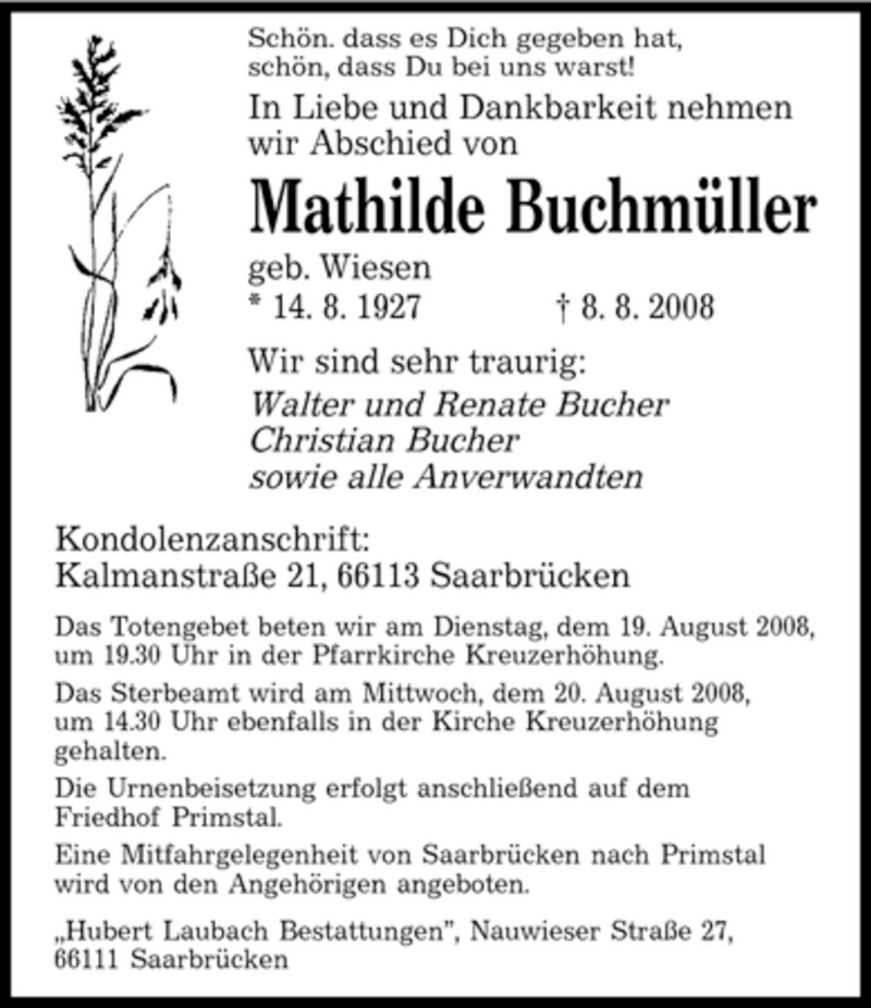 Traueranzeigen von Mathilde Buchmüller Saarbruecker Zeitung Trauer de