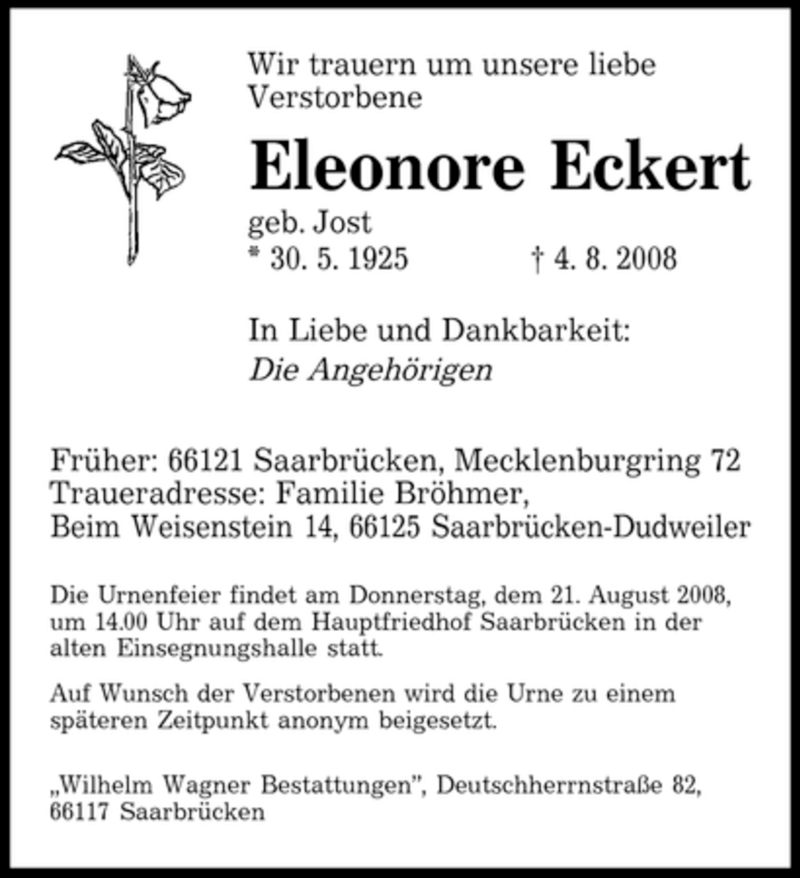 Traueranzeigen Von Eleonore Eckert Saarbruecker Zeitung Trauer De