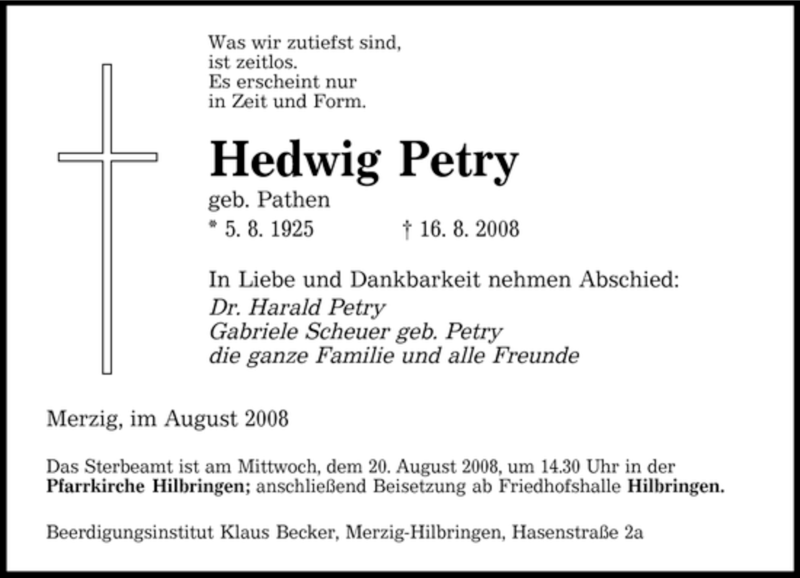 Traueranzeigen Von Hedwig Petry Saarbruecker Zeitung Trauer De