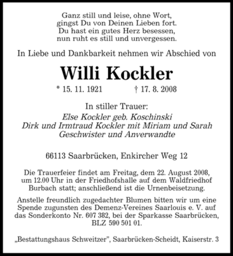 Traueranzeigen Von Willi Kockler Saarbruecker Zeitung Trauer De