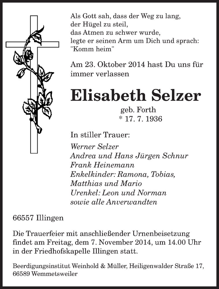  Traueranzeige für Elisabeth Selzer vom 05.11.2014 aus saarbruecker_zeitung