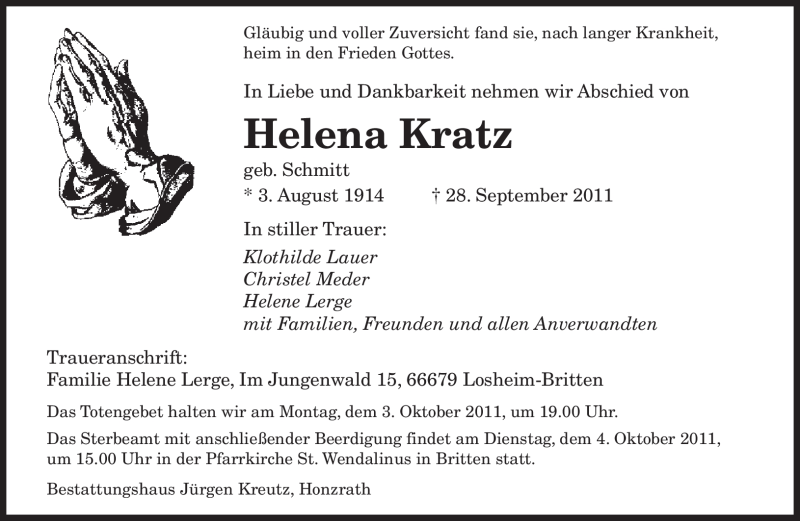 Traueranzeigen Von Helena Kratz Saarbruecker Zeitung Trauer De