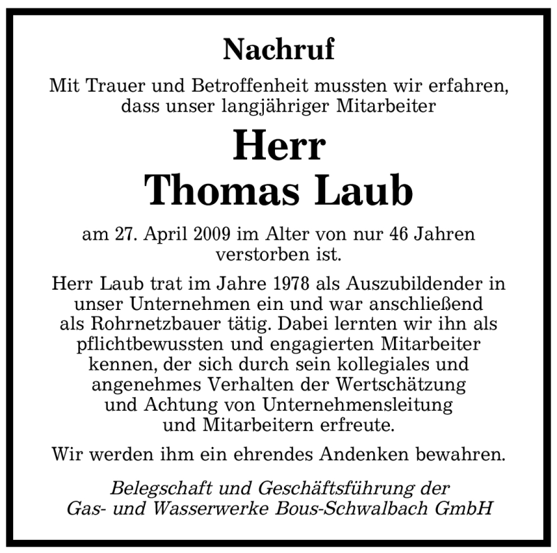 Traueranzeigen Von Thomas Laub Saarbruecker Zeitung Trauer De