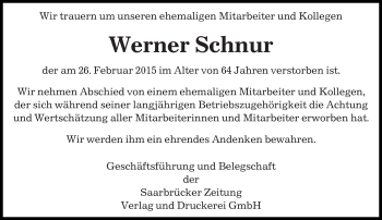 Traueranzeige von Werner Schnur von saarbruecker_zeitung