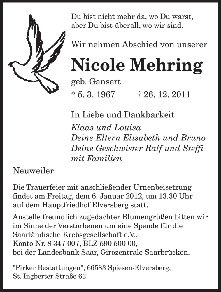  Traueranzeige für Nicole Mehring vom 03.01.2012 aus SAARBRÜCKER ZEITUNG