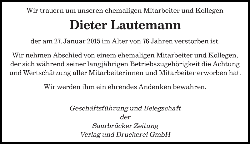  Traueranzeige für Dieter Lautemann vom 11.02.2015 aus saarbruecker_zeitung