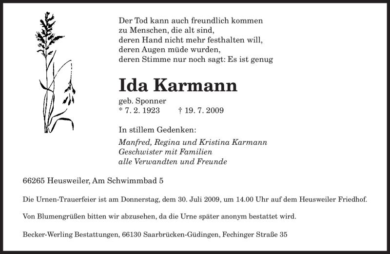 Traueranzeigen Von Ida Karmann Saarbruecker Zeitung Trauer De