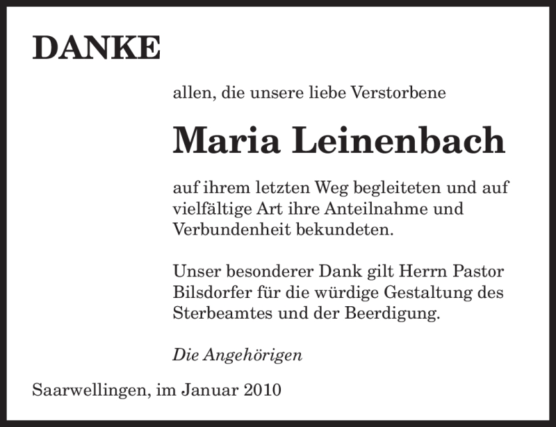 Traueranzeigen Von Maria Leinenbach Saarbruecker Zeitung Trauer De