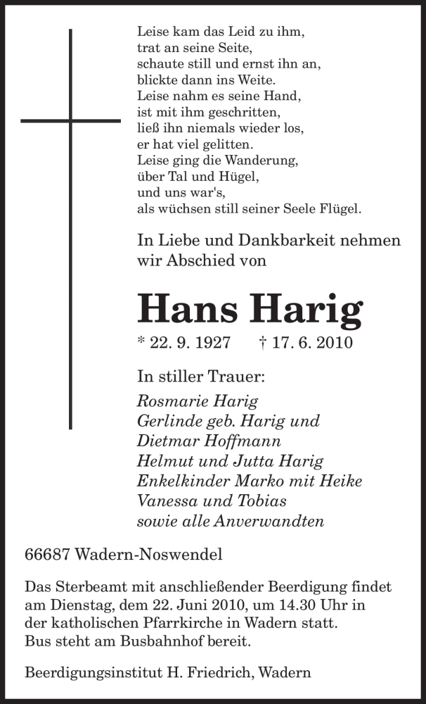 Traueranzeigen Von Hans Harig Saarbruecker Zeitung Trauer De