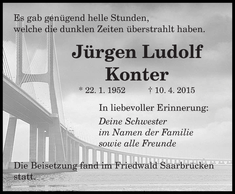  Traueranzeige für Jürgen Ludolf Konter vom 27.04.2015 aus saarbruecker_zeitung