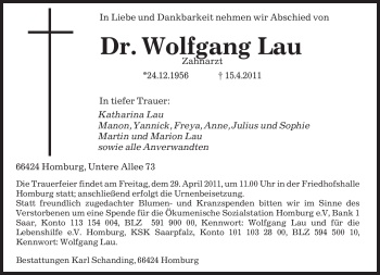 Traueranzeigen Von Wolfgang Lau Saarbruecker Zeitung Trauer De