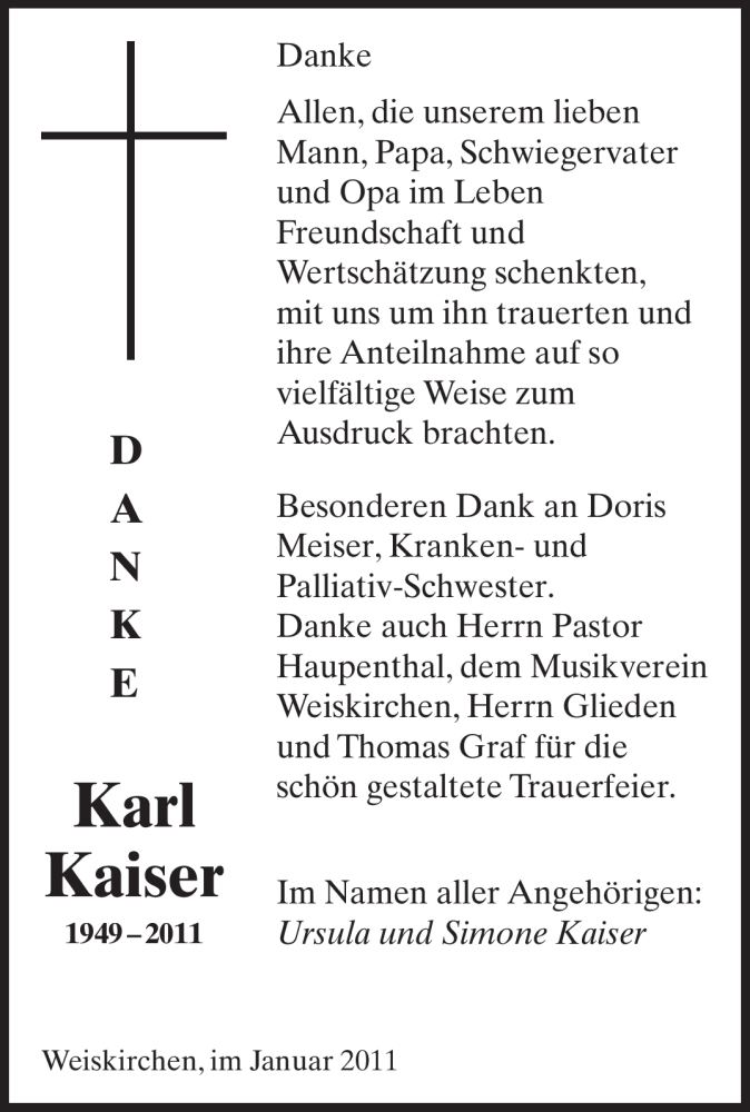 Traueranzeigen Von Karl Kaiser Saarbruecker Zeitung Trauer De