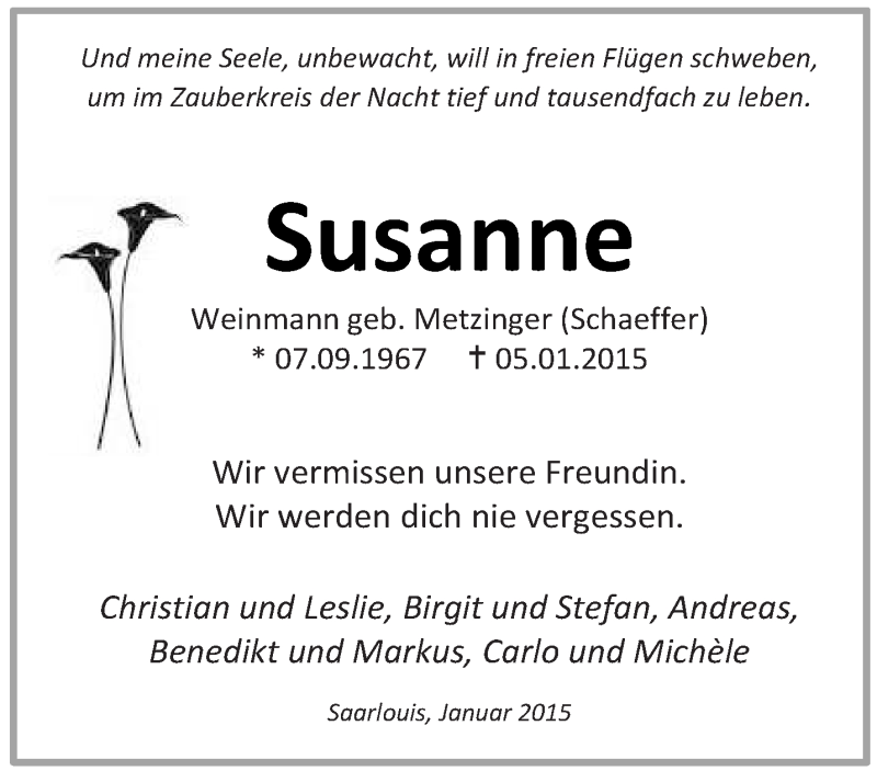  Traueranzeige für Susanne Weinmann vom 31.01.2015 aus saarbruecker_zeitung