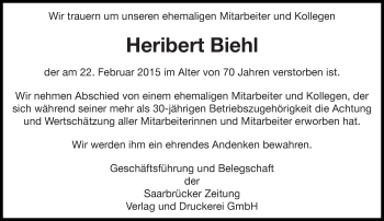 Traueranzeige von Heribert Biehl von saarbruecker_zeitung