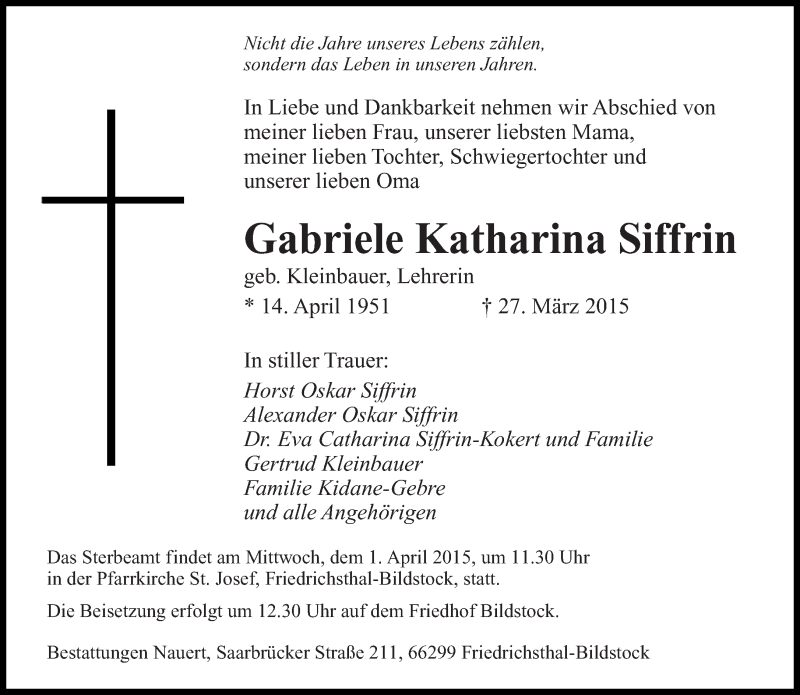  Traueranzeige für Gabriele Katharina Siffrin vom 28.03.2015 aus saarbruecker_zeitung