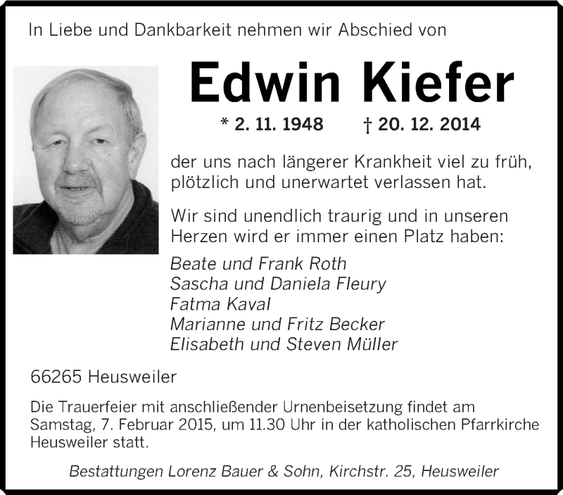  Traueranzeige für Edwin Kiefer vom 31.01.2015 aus saarbruecker_zeitung