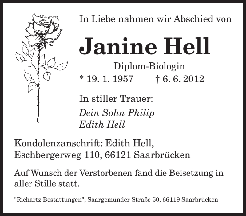 Traueranzeigen Von Janine Hell Saarbruecker Zeitung Trauer De