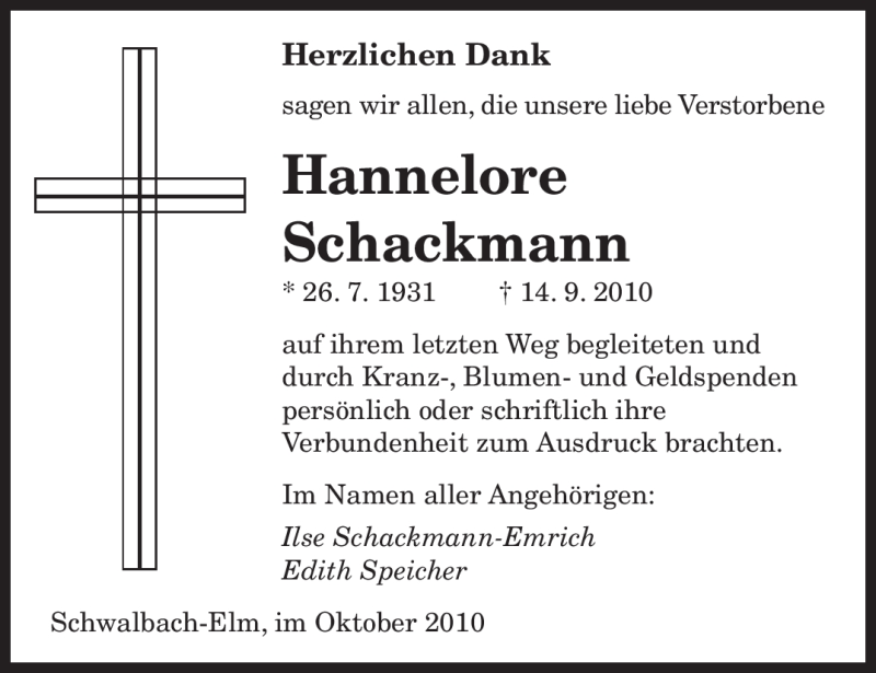 Traueranzeigen Von Hannelore Schackmann Saarbruecker Zeitung Trauer De