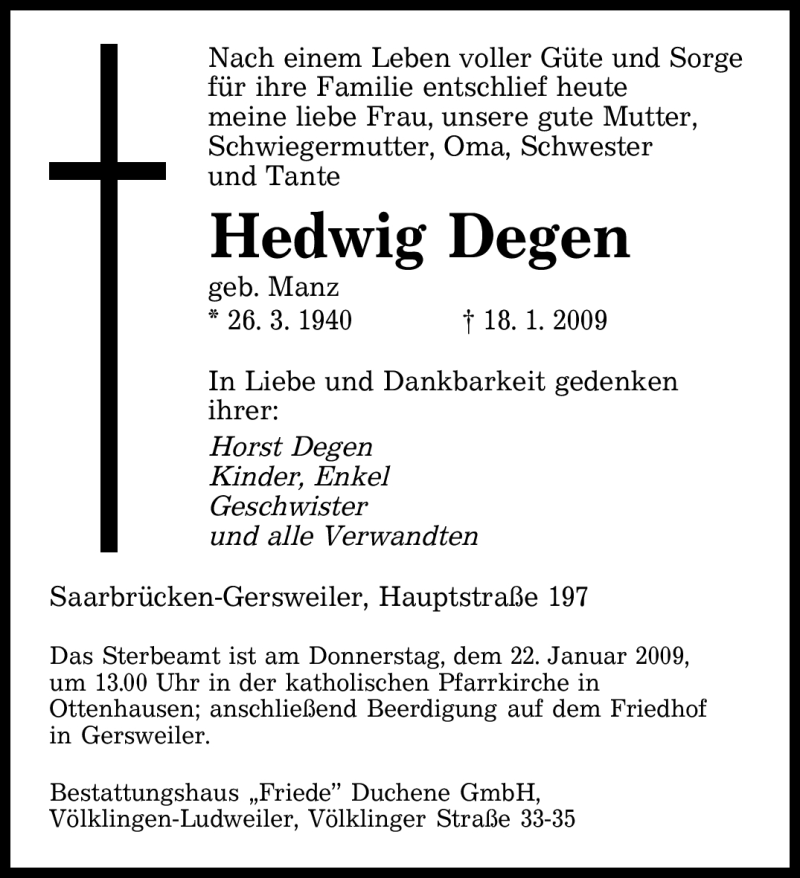 Traueranzeigen Von Hedwig Degen Saarbruecker Zeitung Trauer De