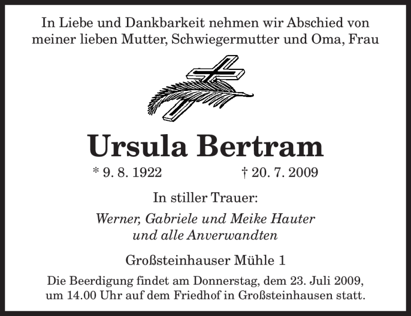 Traueranzeigen Von Ursula Bertram Saarbruecker Zeitung Trauer De