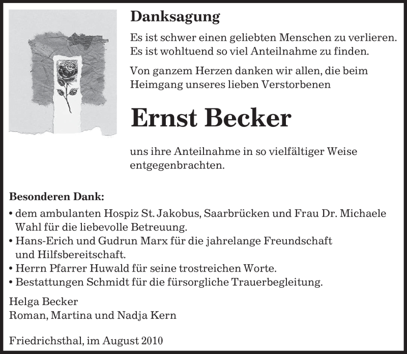 Traueranzeigen Von Ernst Becker Saarbruecker Zeitung Trauer De