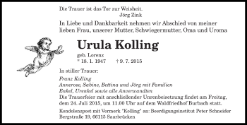 Traueranzeige von Urula Kolling von saarbruecker_zeitung