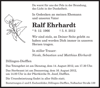 Traueranzeigen Von Ralf Ehrhardt Saarbruecker Zeitung Trauer De