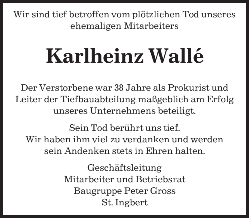 Traueranzeigen Von Karlheinz Wall Saarbruecker Zeitung Trauer De