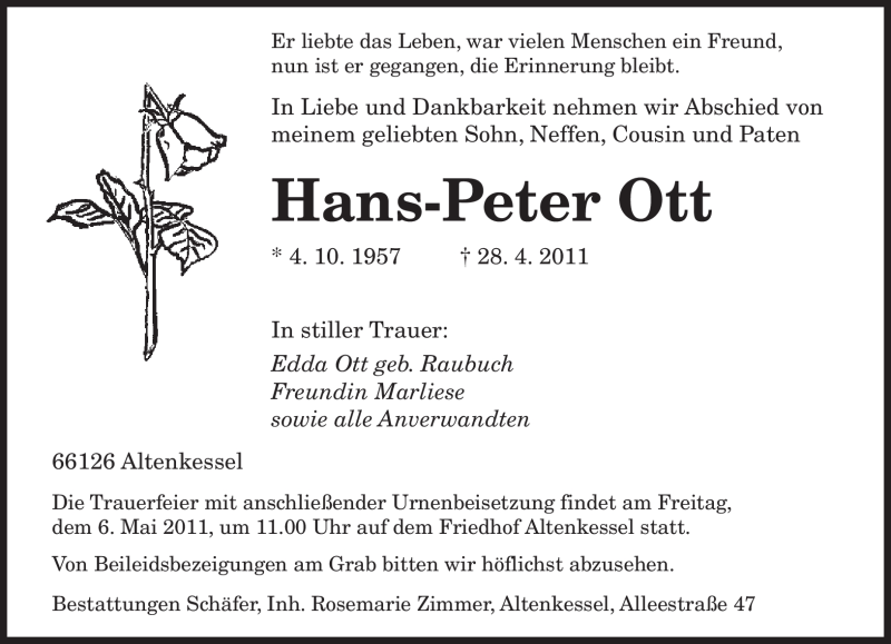  Traueranzeige für Hans-Peter Ott vom 02.05.2011 aus SAARBRÜCKER ZEITUNG