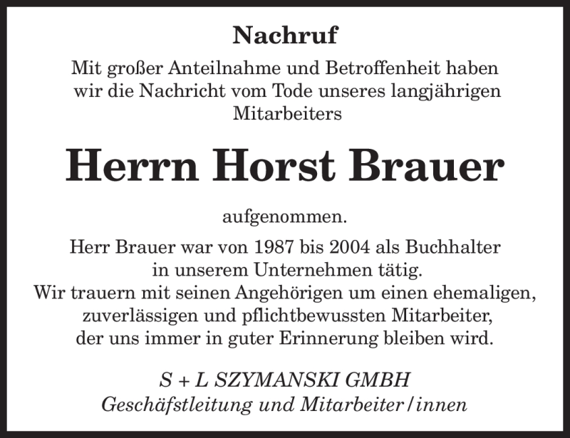 Traueranzeigen Von Horst Brauer Saarbruecker Zeitung Trauer De