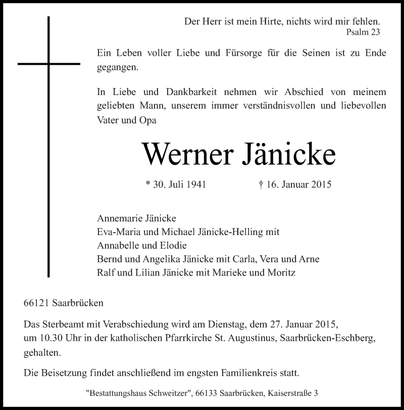  Traueranzeige für Werner Jänicke vom 24.01.2015 aus saarbruecker_zeitung