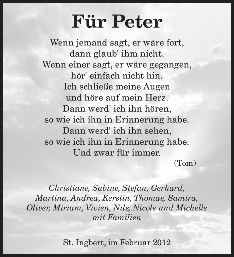 Traueranzeigen Von Peter Unbekannt Saarbruecker Zeitung Trauer De