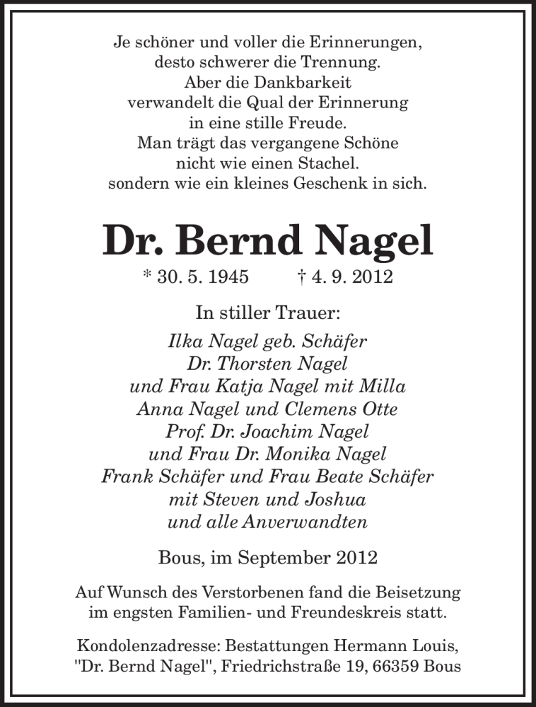  Traueranzeige für Bernd Nagel vom 15.09.2012 aus saarbruecker_zeitung