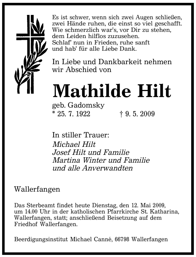 Traueranzeigen Von Mathilde Hilt Saarbruecker Zeitung Trauer De