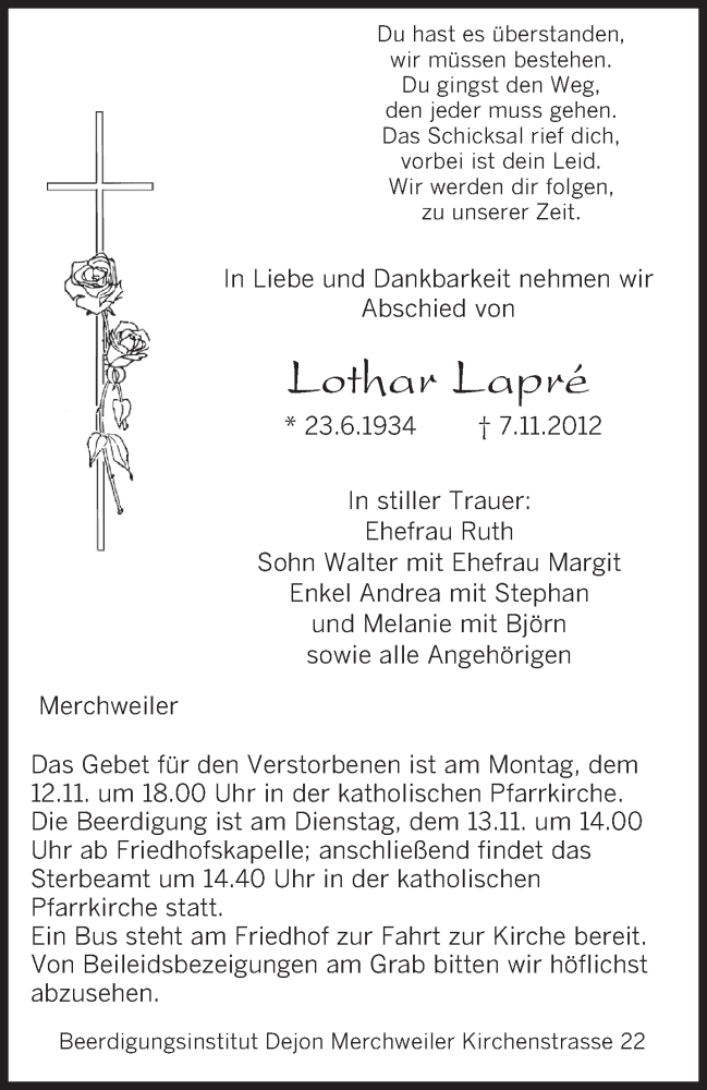 Traueranzeigen von Lothar Lapré Saarbruecker Zeitung Trauer de