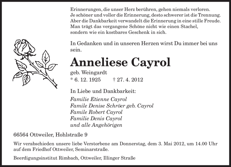  Traueranzeige für Anneliese Cayrol vom 02.05.2012 aus SAARBRÜCKER ZEITUNG