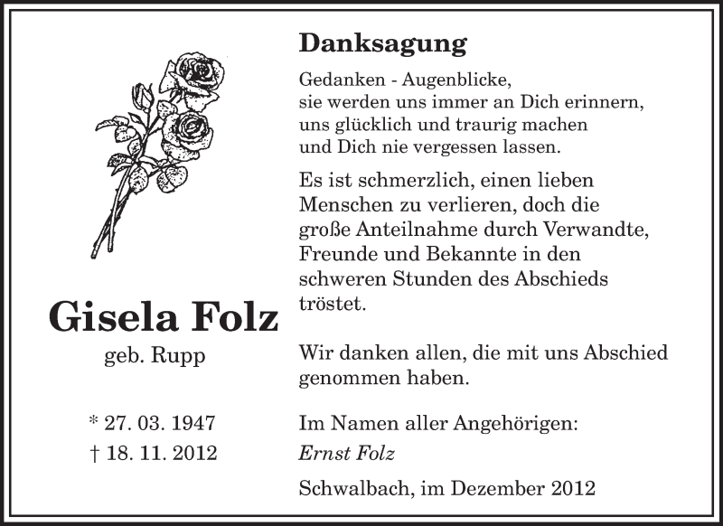 Traueranzeigen Von Gisela Folz Saarbruecker Zeitung Trauer De