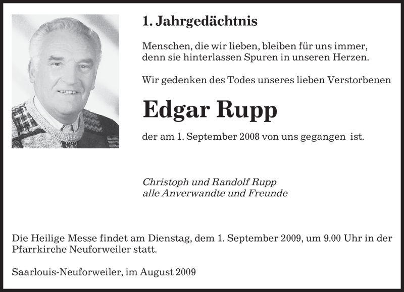 Traueranzeigen Von Edgar Rupp Saarbruecker Zeitung Trauer De