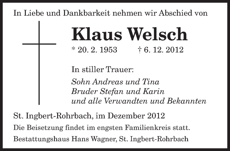 Traueranzeigen Von Klaus Welsch Saarbruecker Zeitung Trauer De