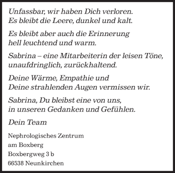 Traueranzeigen Von Sabrina Saarbruecker Zeitung Trauer De