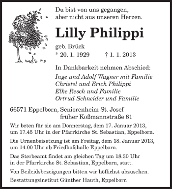 Traueranzeigen Von Lilly Philippi Saarbruecker Zeitung Trauer De