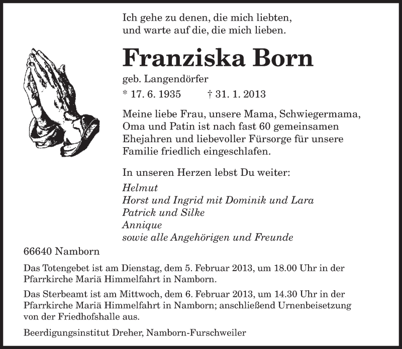  Traueranzeige für Franziska Born vom 02.02.2013 aus saarbruecker_zeitung
