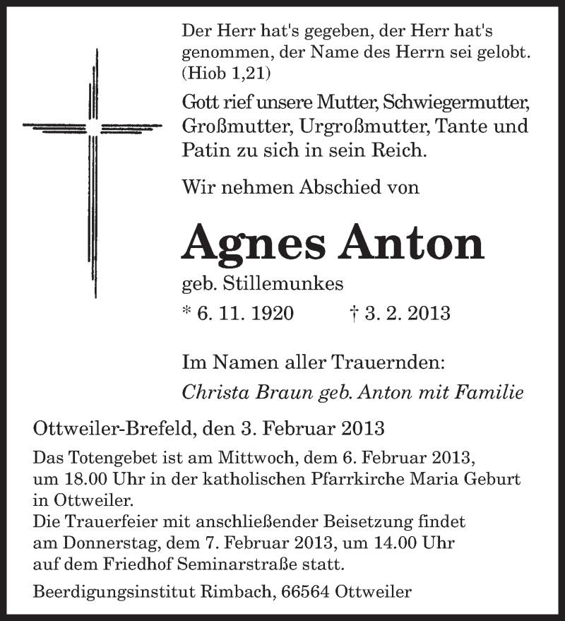 Traueranzeigen Von Agnes Anton Saarbruecker Zeitung Trauer De