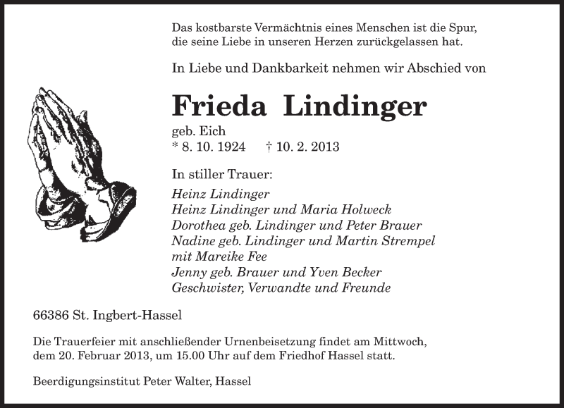 Traueranzeigen Von Frieda Lindinger Saarbruecker Zeitung Trauer De