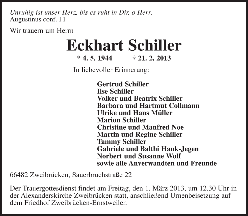  Traueranzeige für Eckhart Schiller vom 23.02.2013 aus saarbruecker_zeitung