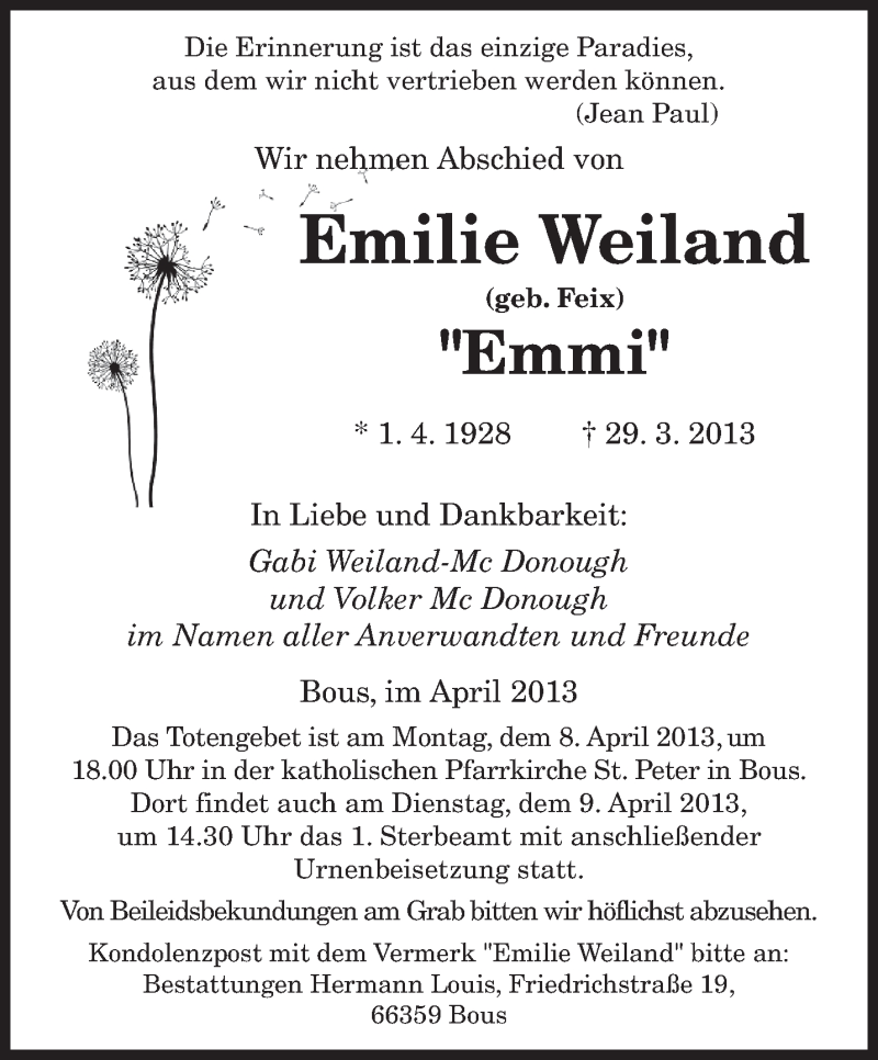 Traueranzeigen Von Emilie Weiland Saarbruecker Zeitung Trauer De