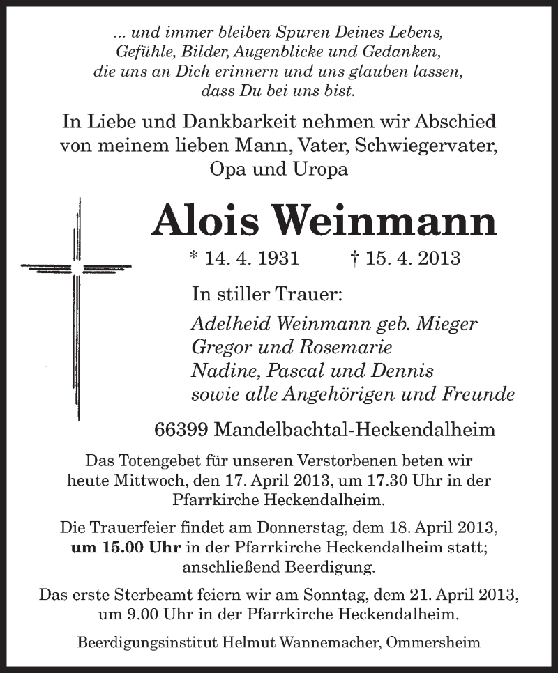 Traueranzeigen Von Alois Weinmann Saarbruecker Zeitung Trauer De